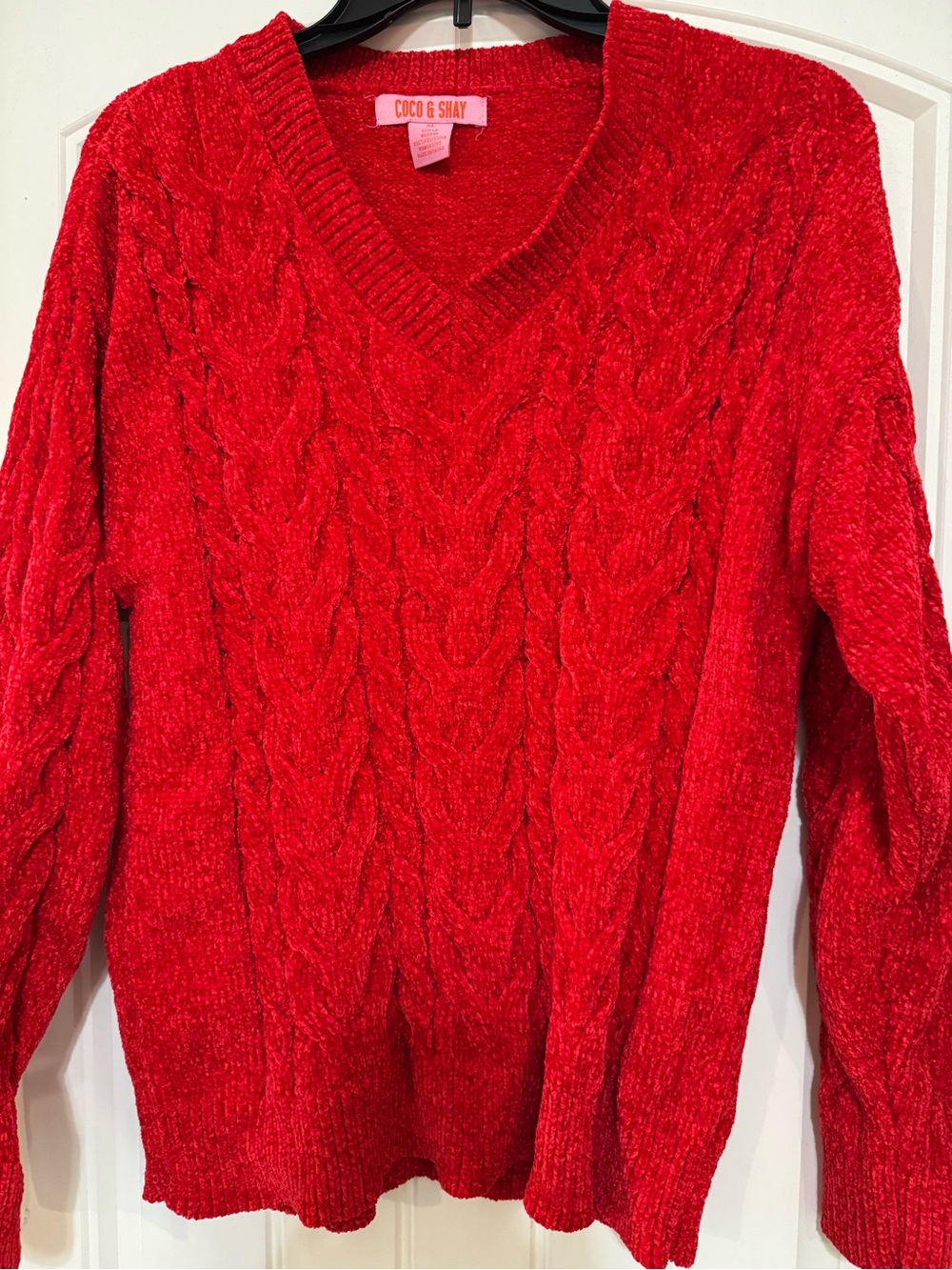 Women’s Red Cable Knit V-Neck Sweater